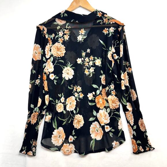Ember Floral Ruffle Top Long Sleeve Buttoned Women's Medium V-Neck Sheer Summer - Picture 4 of 10